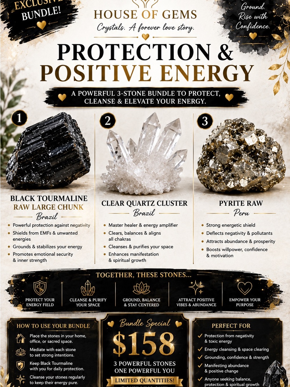 House of Gems Protection & Positive Energy 3-Stone Bundle - Black, Clear, Gold